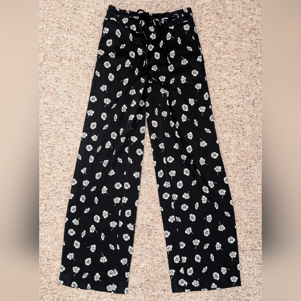 NWT Talbots XS Black Floral Wide Leg Pants Elastic Waistband Pull-On Lightweight